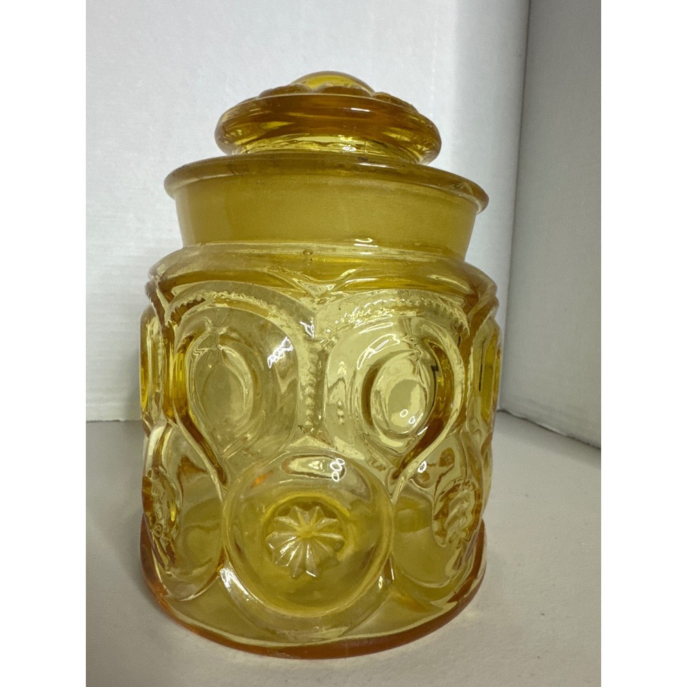 L.E. Smith Moon and Stars Amber Glass Canister Jar with Lid Vintage MCM Yellow